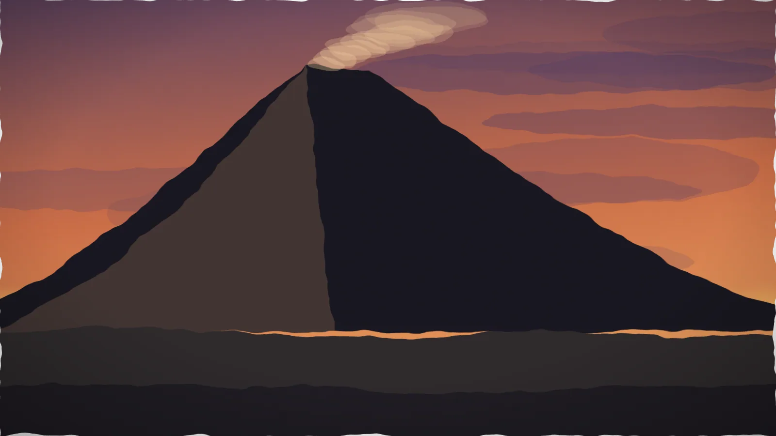 Wide panoramic painting of Mount Agung volcano silhouetted against a heavy orange and violet storm sky