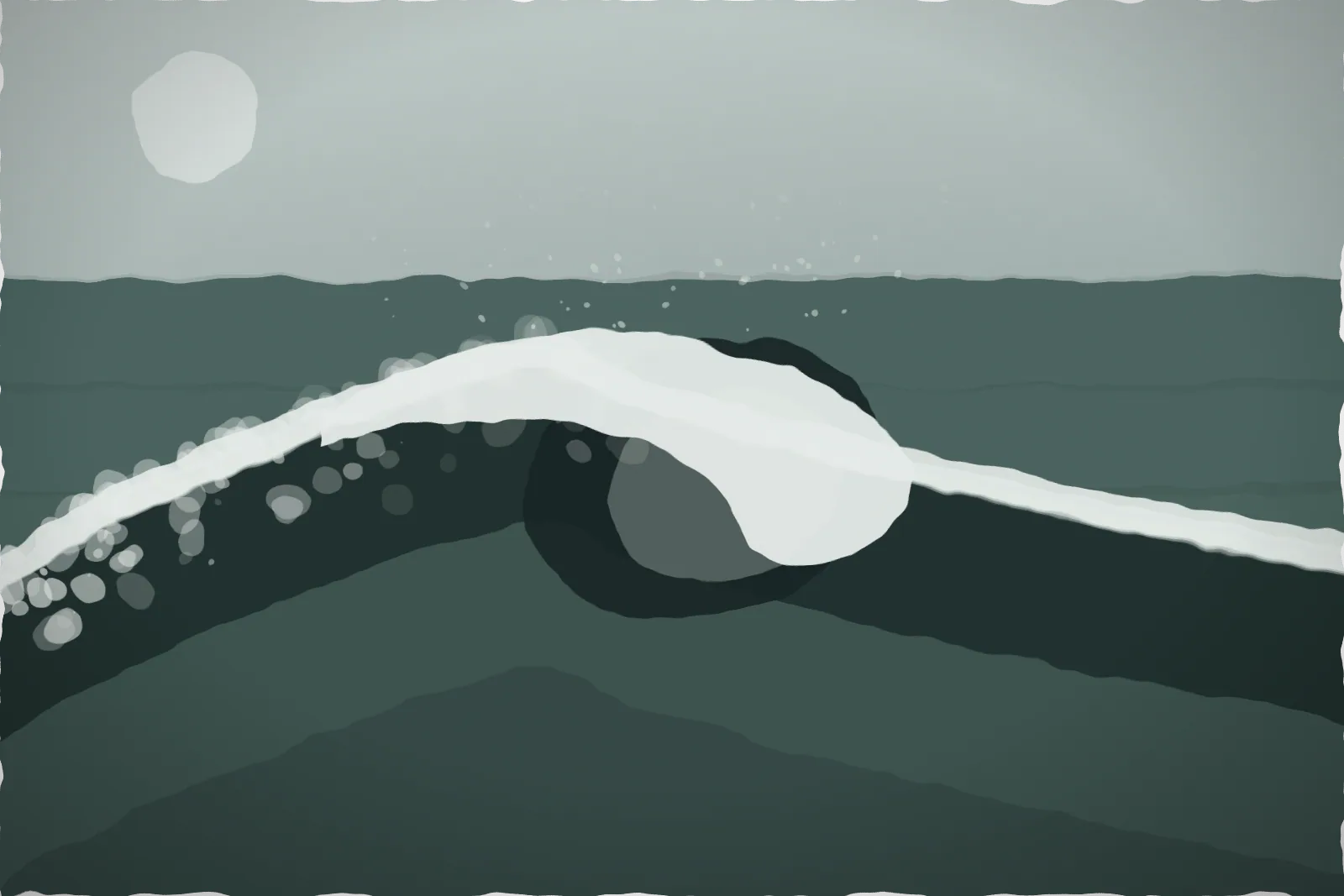 Large painting of a breaking ocean wave in grey-green tones with white spray, seen from above on a cliff