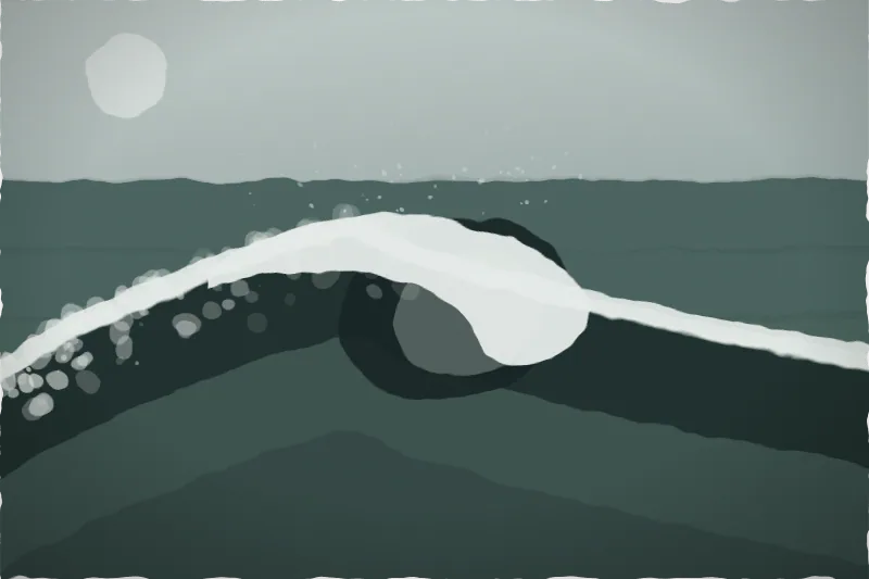 Large painting of a breaking ocean wave in grey-green tones with white spray, seen from above on a cliff