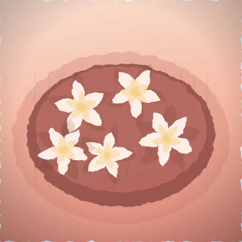 Square painting of five cream frangipani flowers with gold centres arranged on a round rose-coloured offering tray