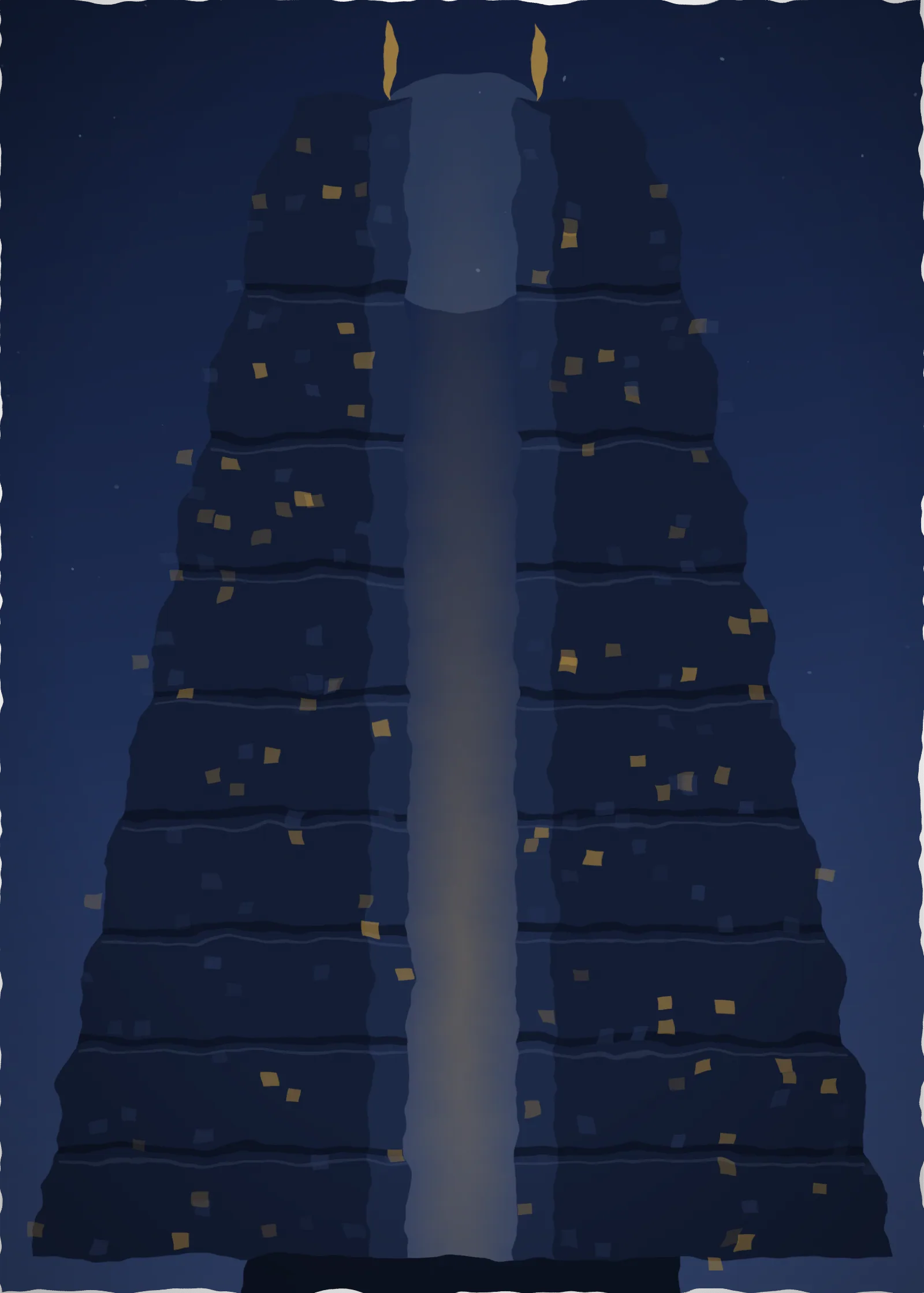 Tall painting of a Balinese split temple gate in deep indigo, its carved stone flanks covered in fine ink detail beneath a night sky