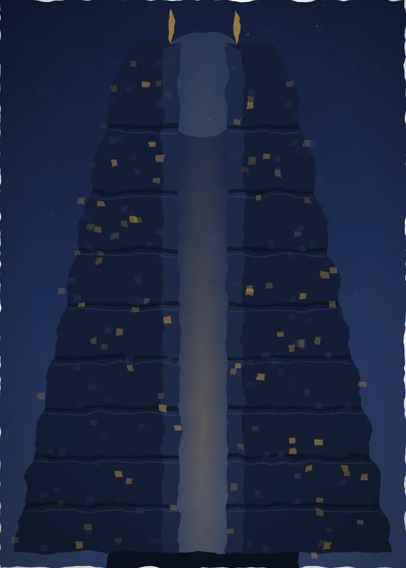 Tall painting of a Balinese split temple gate in deep indigo, its carved stone flanks covered in fine ink detail beneath a night sky