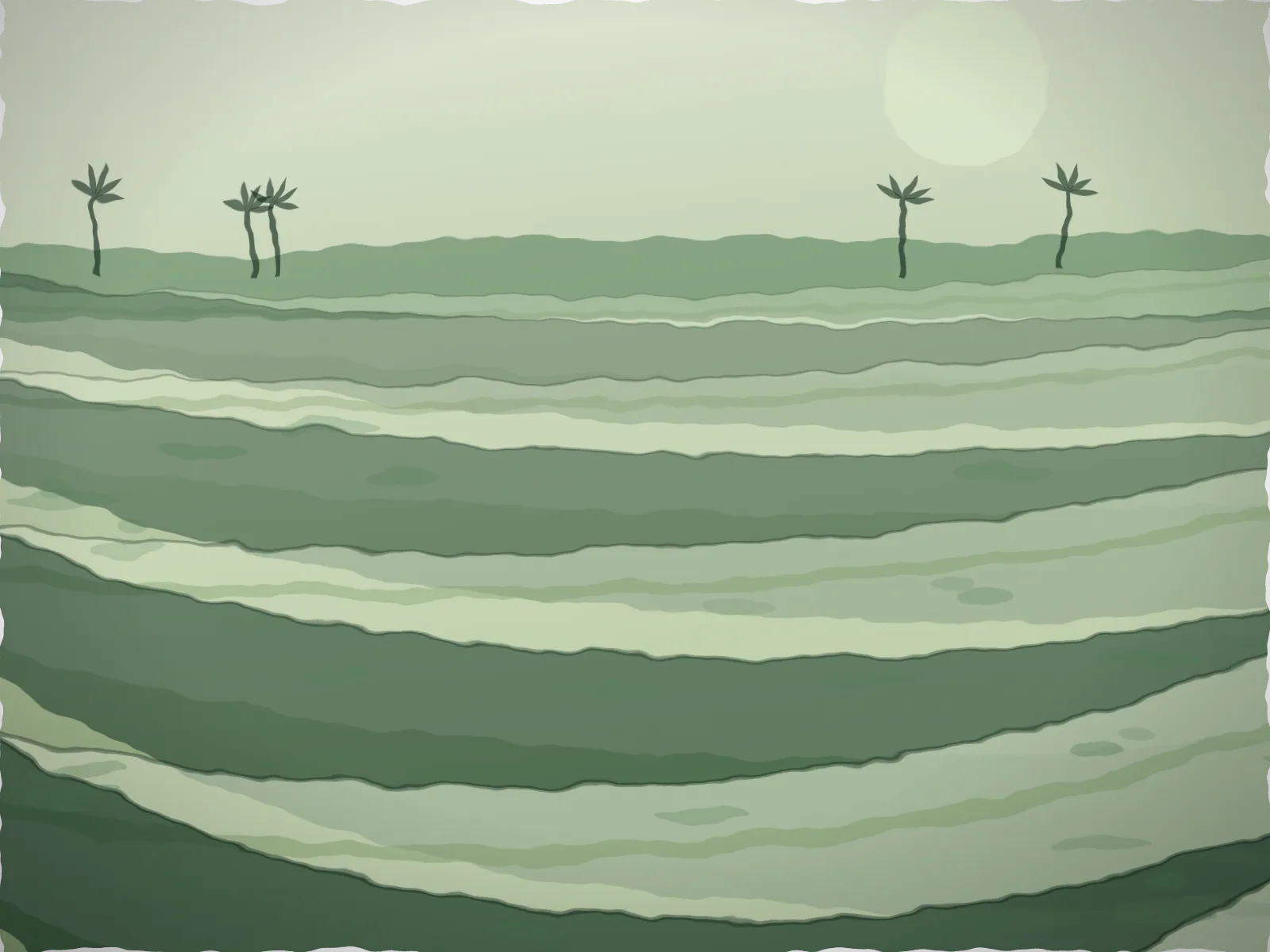 Painting of terraced rice fields at sunrise, curved green paddies filled with water reflecting a pale sky