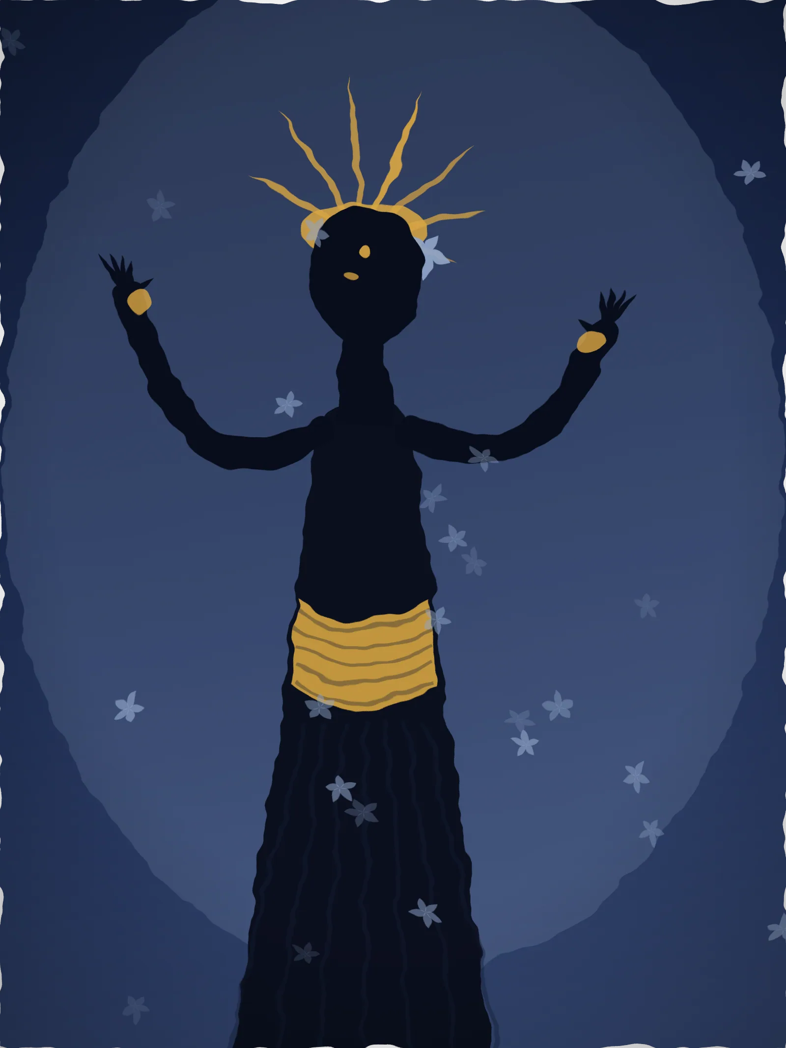 Painting of a solitary Balinese dancer in a gold crown standing against a deep blue night, arms raised in the classic agem pose