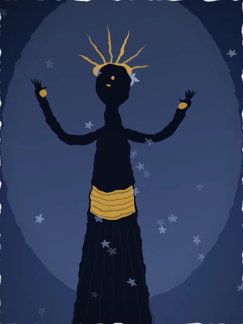 Painting of a solitary Balinese dancer in a gold crown standing against a deep blue night, arms raised in the classic agem pose