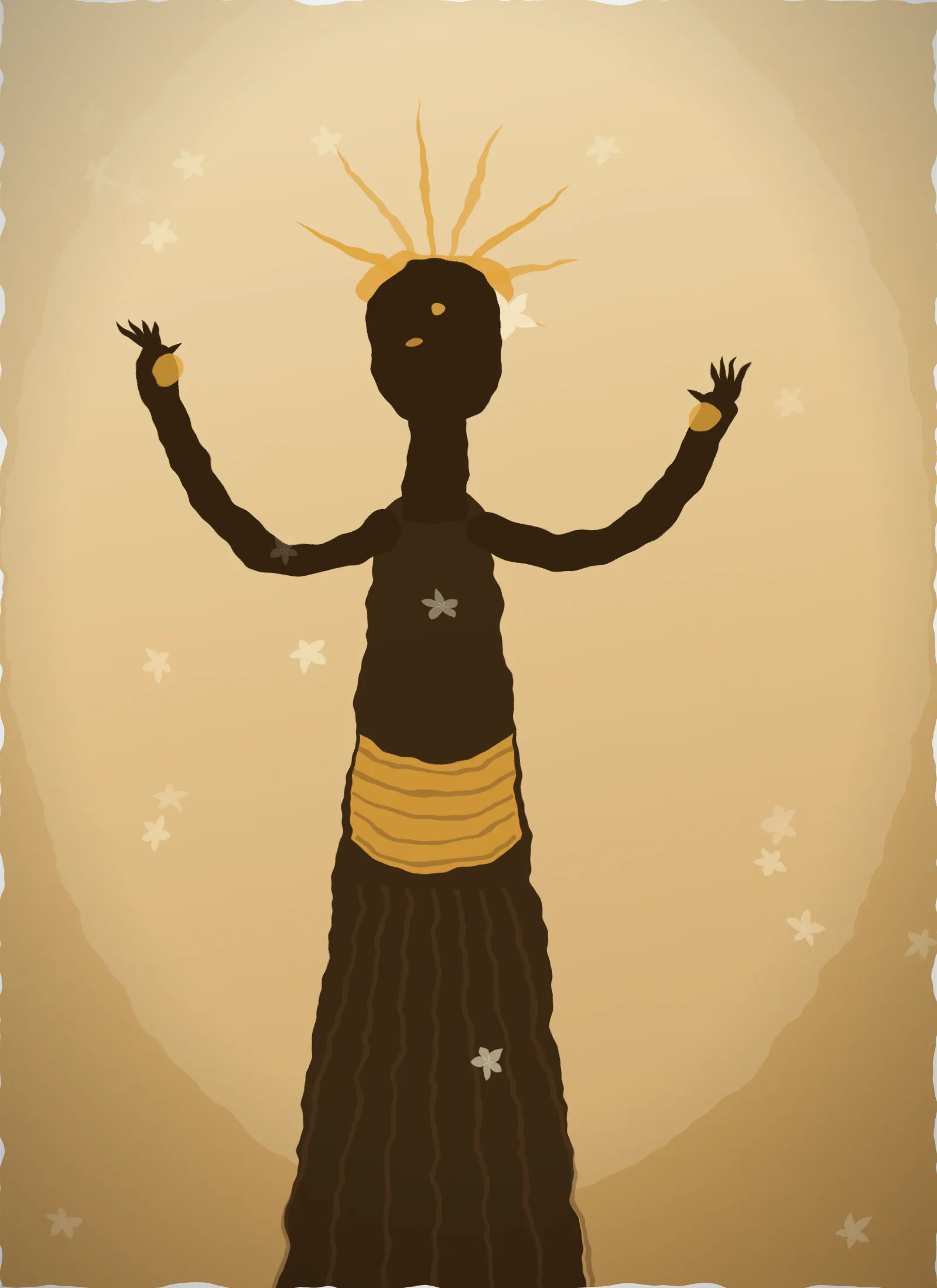 Painting of a Balinese legong dancer in a gold headdress, arms raised mid-gesture, emerging from a warm ochre darkness