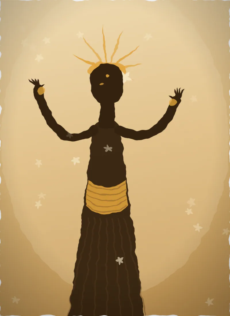 Painting of a Balinese legong dancer in a gold headdress, arms raised mid-gesture, emerging from a warm ochre darkness