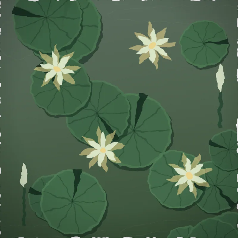 Square painting of pale cream lotus flowers and flat round green pads floating on dark temple pond water