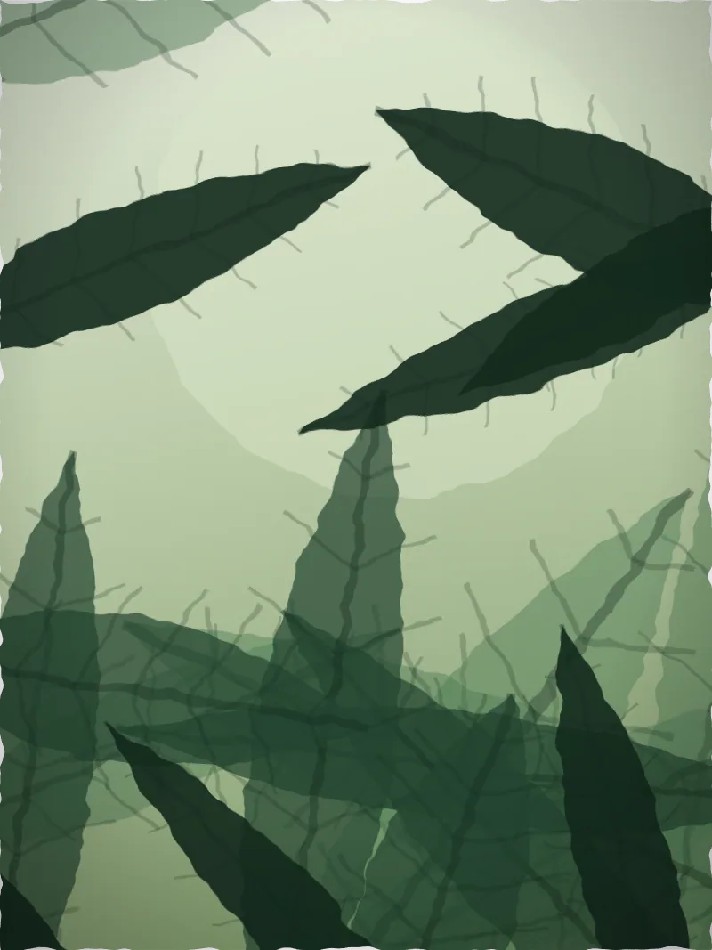 Painting looking upward through layered tropical banana and heliconia leaves toward a bright white sky