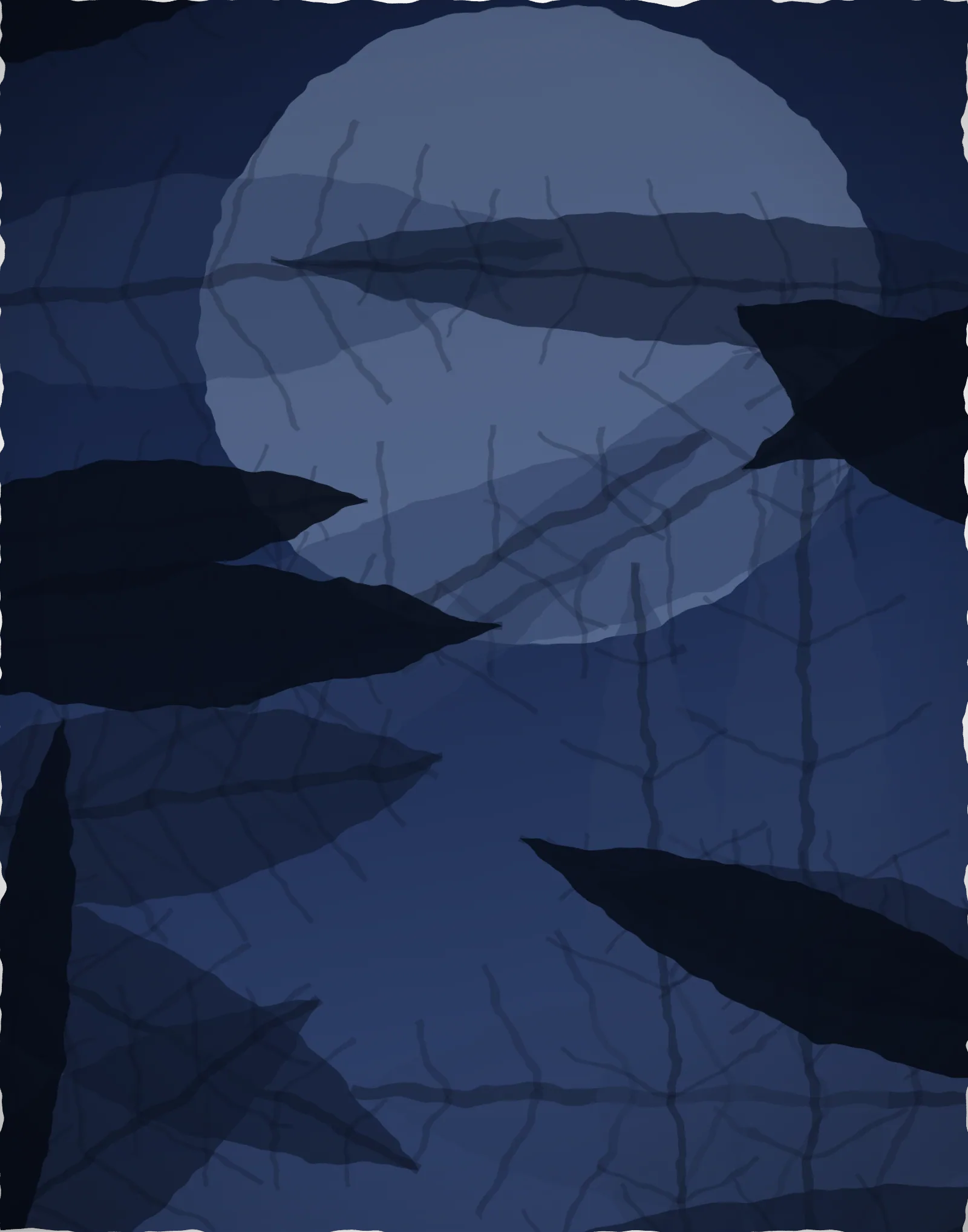 Large dark blue painting of a tropical garden at night with a few leaf shapes lit by a single warm lamp