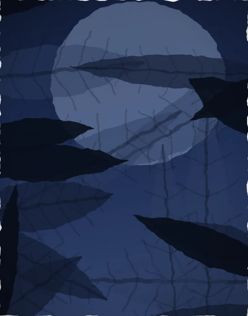 Large dark blue painting of a tropical garden at night with a few leaf shapes lit by a single warm lamp