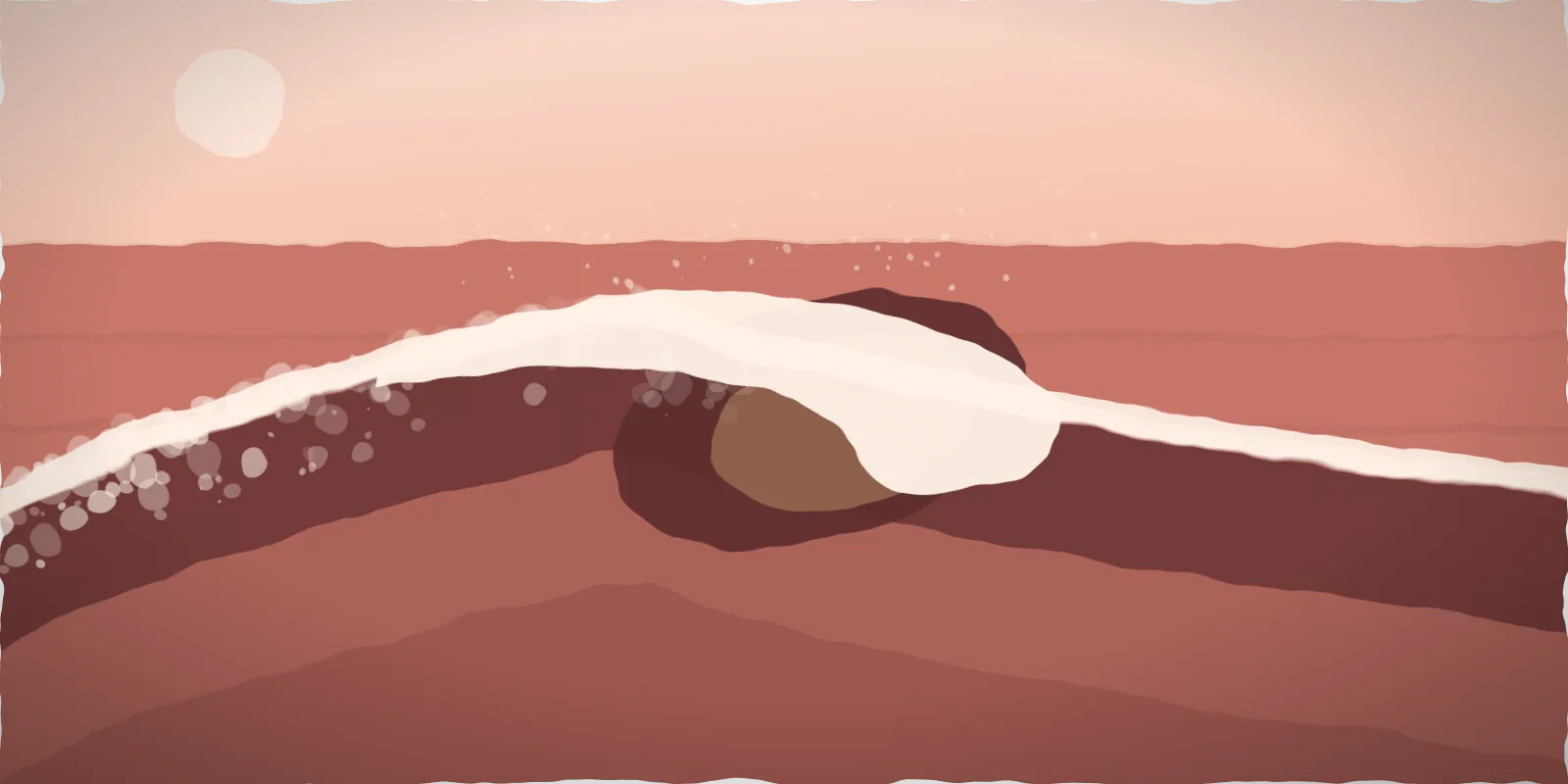 Wide panoramic painting of a small wave breaking at sunrise, the sea and sky both washed in soft pink and rose