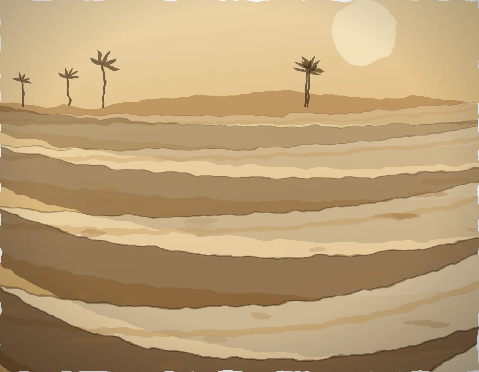 Painting of harvested rice terraces in dry season with golden stubble, bare brown mud and strong midday shadows